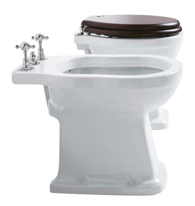 Set sanitari tradizionali Londra Simas bianco WC scarico a parete con sedile in legno colore noce WC+Bidet+Sedile