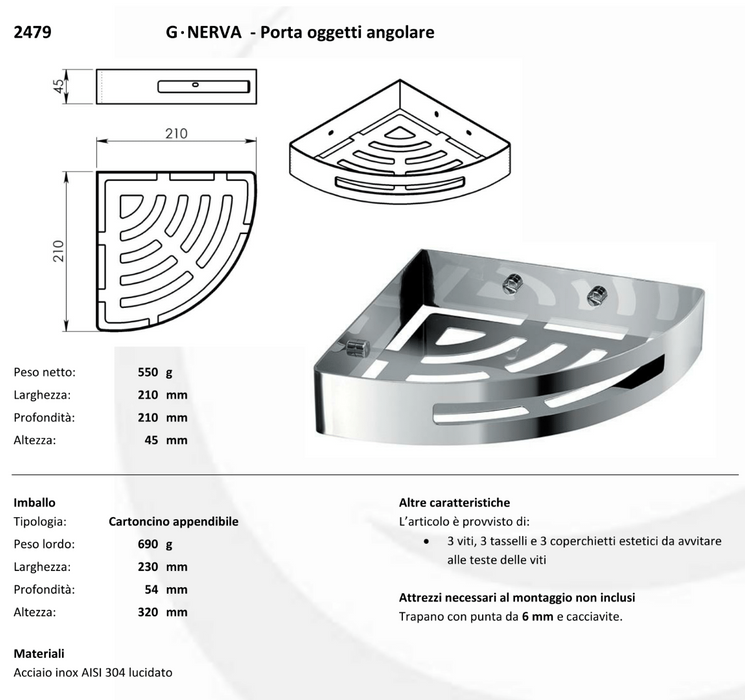 Porta oggetti angolare per doccia in acciaio inox Nerva