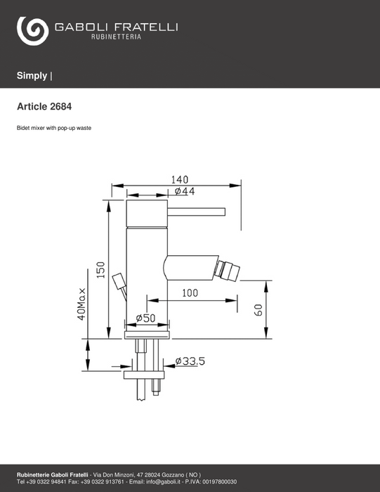 Miscelatore per bidet con scarico Simply