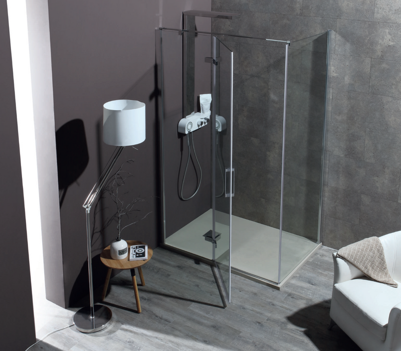 Nicchia doccia con doppia porta battente in vetro temperato trasparente, spessore 8mm, altezza 200cm e profili cromati