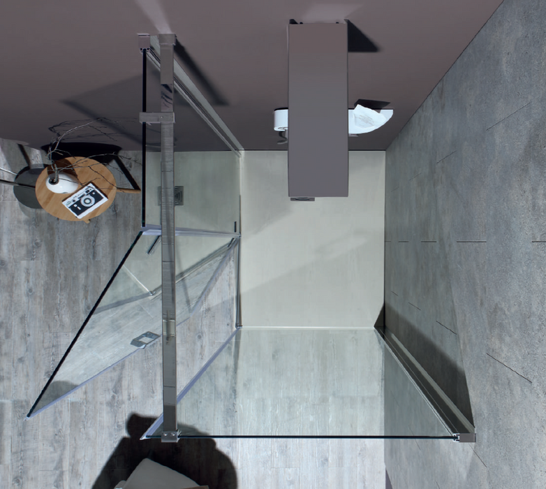 Nicchia doccia con porta battente in vetro temperato trasparente, spessore 8mm, altezza 200cm e profili cromati