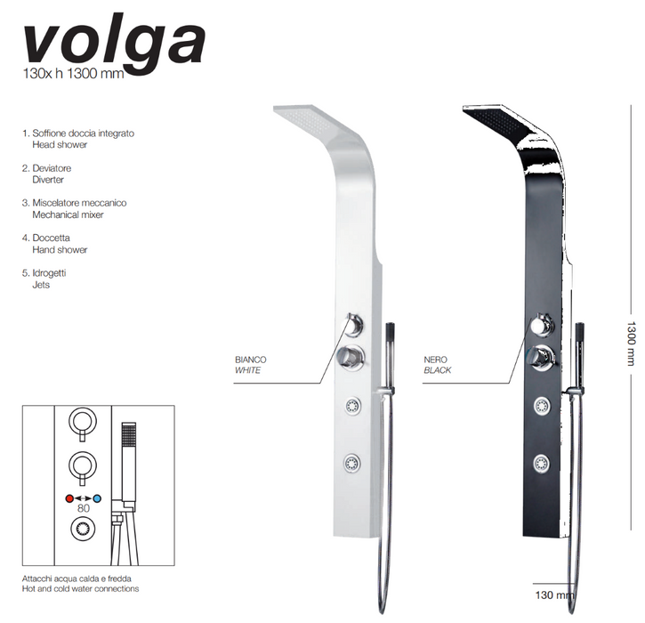 Colonna doccia in acciaio con finitura nera 1300mm modello Volga