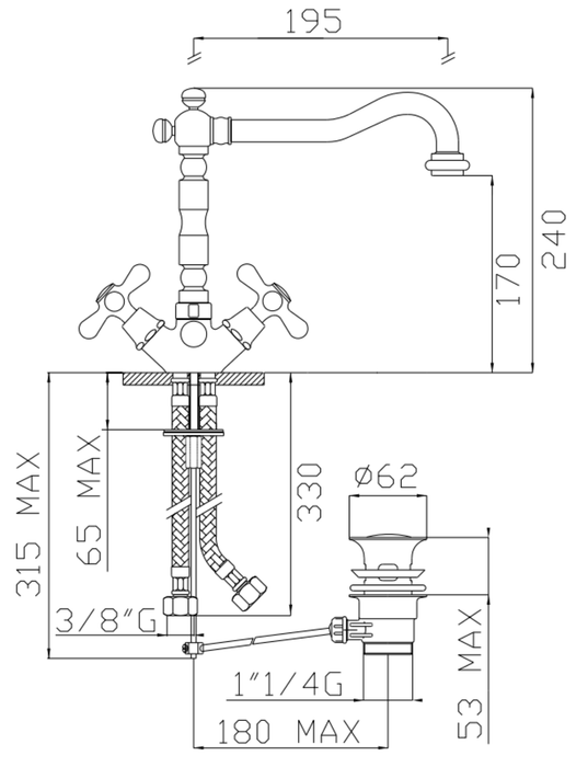 Monoforo lavabo Erice cromo con attacchi da 3/8" bocca retrò con scarico da 1"1/4