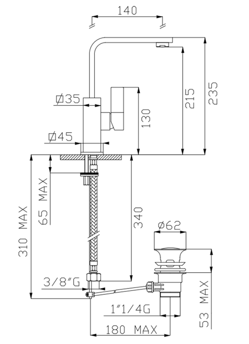 Monocomando lavabo cromato con scarico da 1"1/4 serie H-Tre