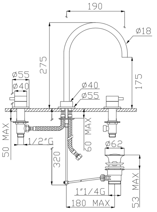 Batteria lavabo tre fori cromato con scarico click clack 1"1/4 serie Tondì