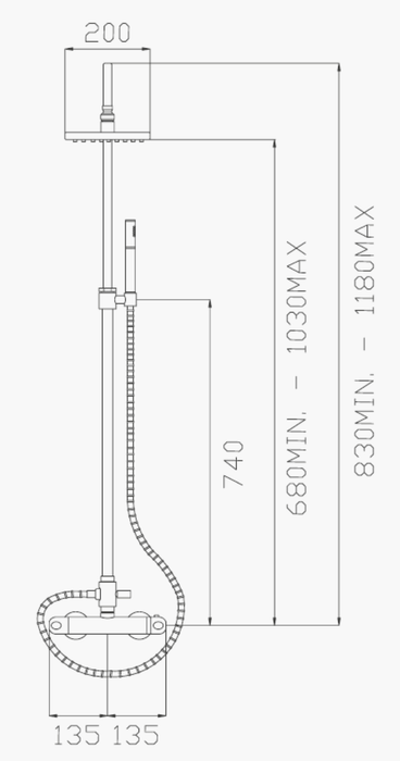 Miscelatore termostatico doccia esterno con colonna estensibile, deviatore, flessibile in ottone, soffione diametro 200mm e doccetta in ottone cod.18147