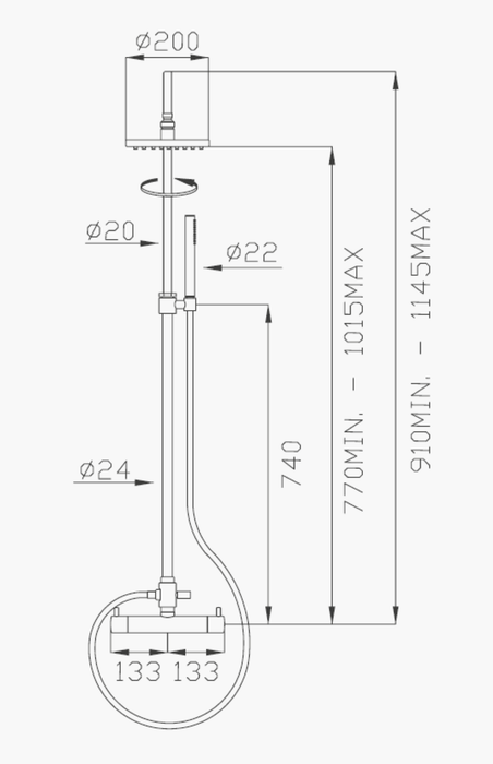 Miscelatore termostatico doccia esterno
con colonna estensibile in ottone, deviatore,
flessibile Cromotech, soffione diametro 200mm e doccia in ottone cod.18247