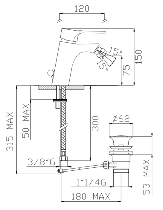 Monocomando bidet serie Pinto cromato con attacchi da 3/8" e scarico da 1"1/4