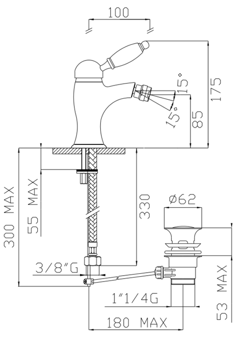 Monocomando bidet serie Lares2 cromato con attacchi da 3/8" e scarico da 1"1/4