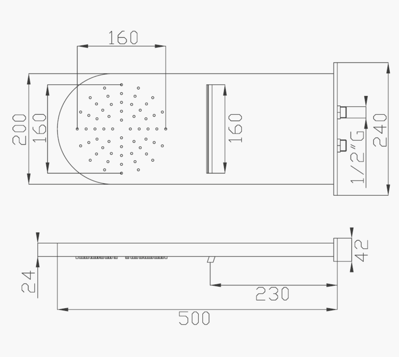 Soffione doccia acciaio inox a parete 500x200mm a 2 getti cod.336-01