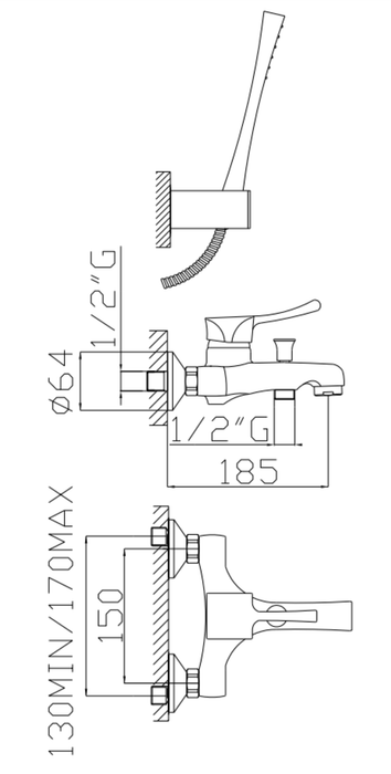 Monocomando vasca cromato serie Chic con supporto duplex, doccetta in ottone e flessibile a doppia aggraffatura