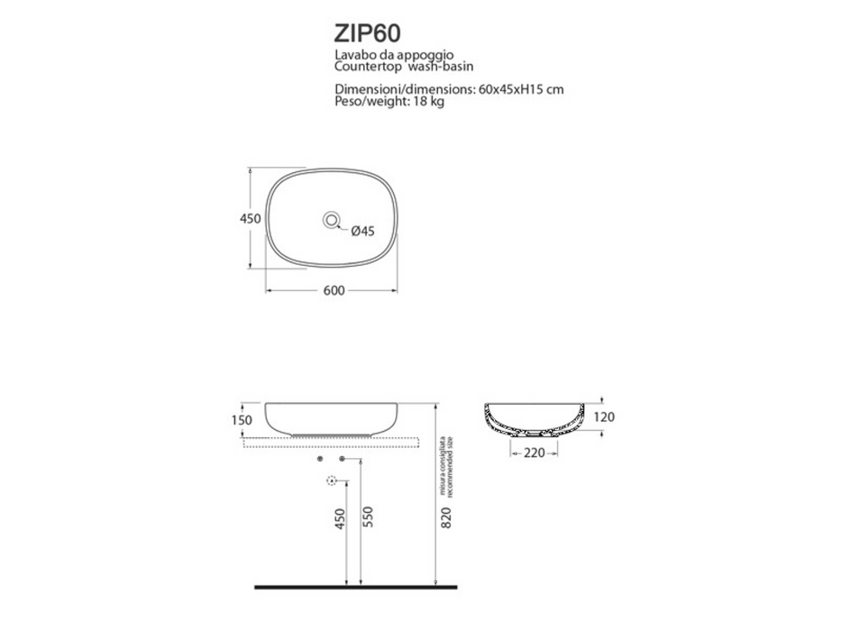 Lavabo 60 cm da appoggio senza foro Zip bianco ZIP60